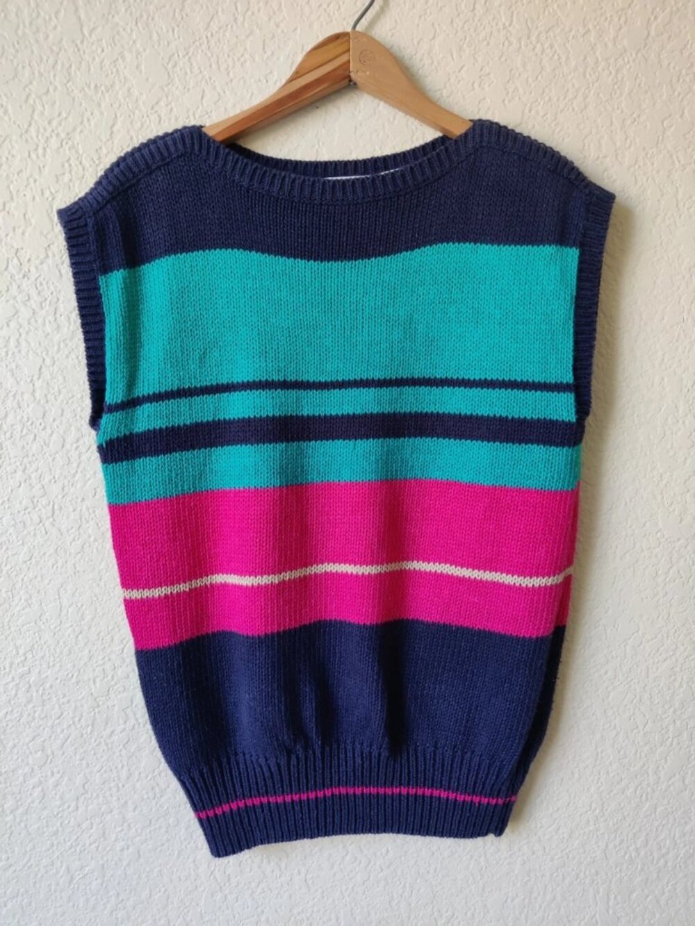 Vintage 1980s Russ Women's Striped Knit Sweater Vest Navy Teal Pink M